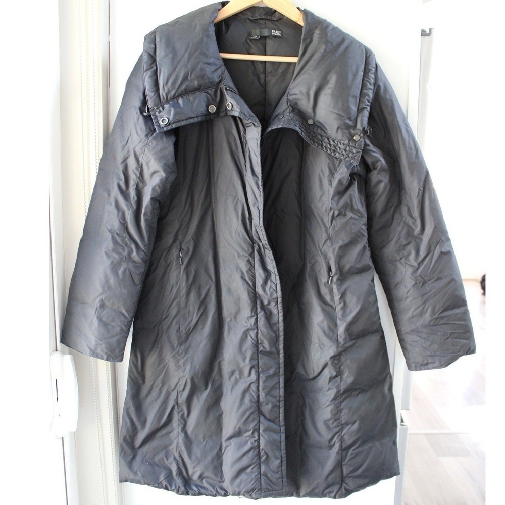 Eileen Fisher Down Filled Puffer Coat Long Zip Up Oversized Quilted Cinched Bk S